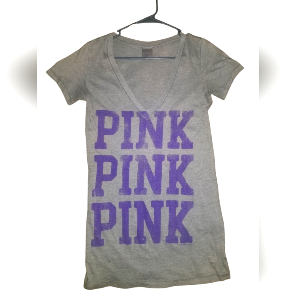 VICTORIAS SECRET PINK Grey Graphic Logo V-Neck T-Shirt - Womens Size XS